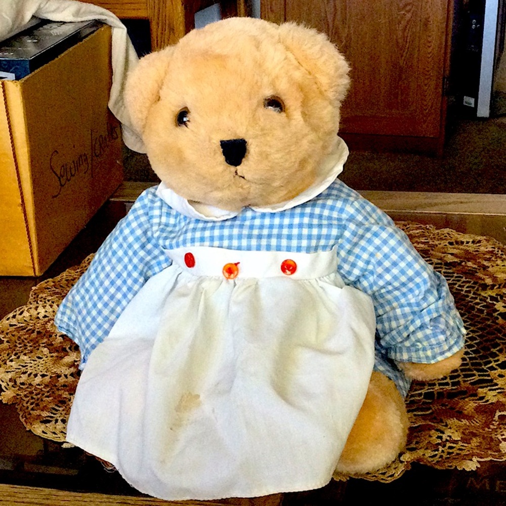 Vintage Stuffed Bear in Kitchen Apron and Plaid Dress